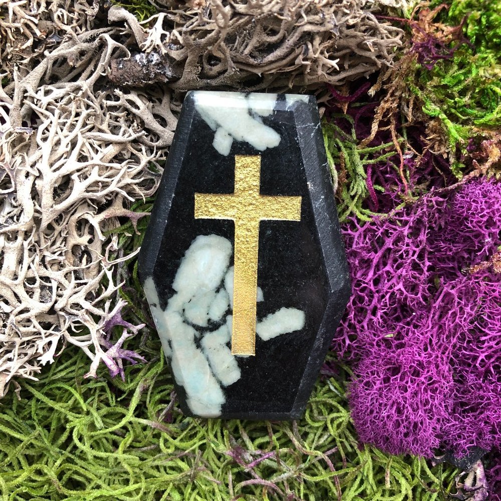 Chrysanthemum Stone Coffin with Cross black white